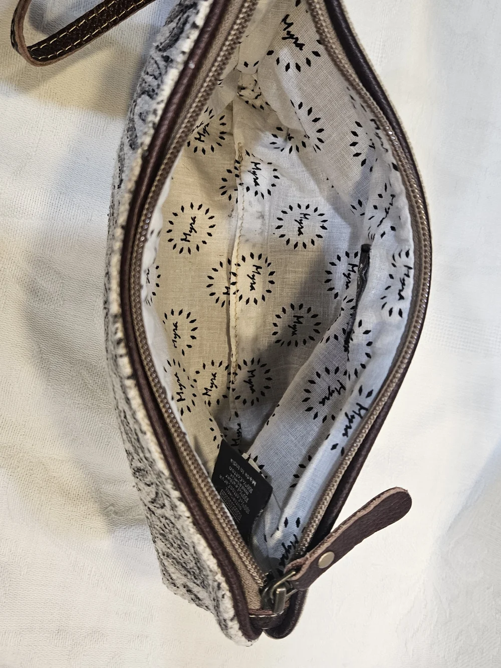 Myra Bag Brown & Cream Leaf-Pattern Wristlet Clutch